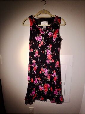 Vintage Whimsigoth Black Floral Midi Dress with Pink and Red Blooms